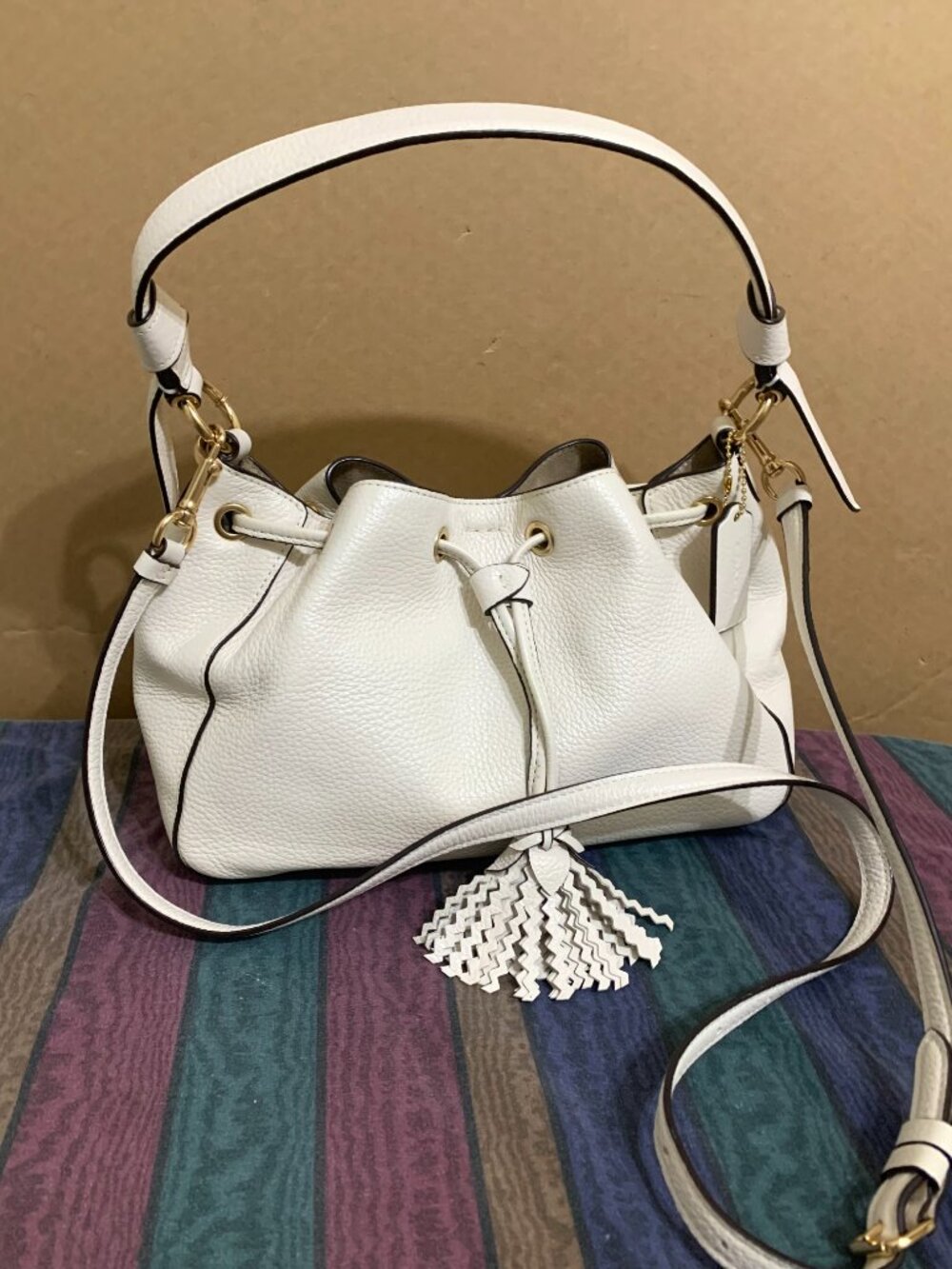 COACH EVERLY Cream White Pebbled Leather Drawstring Shoulder Bag C5671